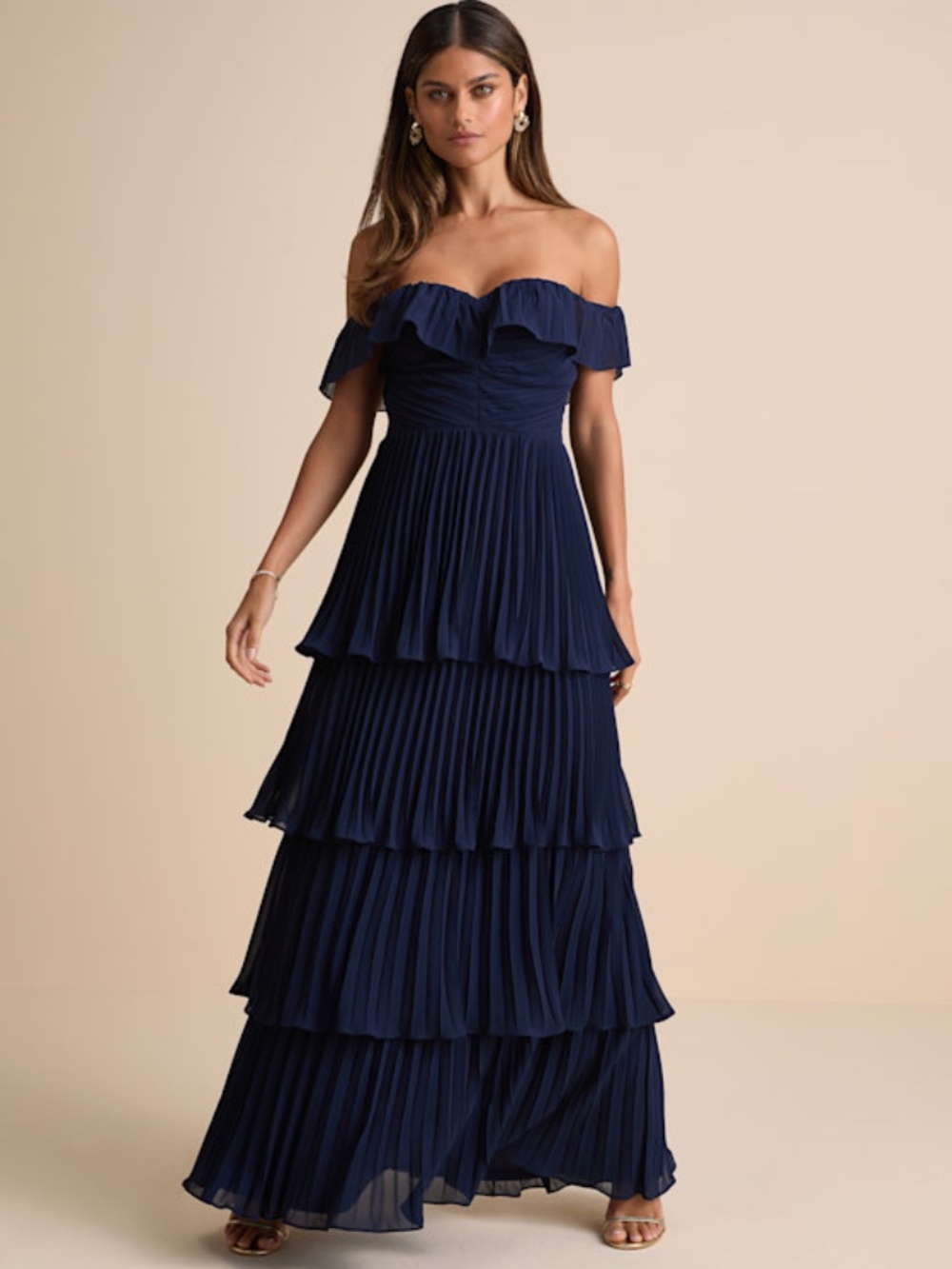 Lulus Always Remarkable Navy Pleated Off-the-shoulder Maxi Dress Blue - Size XL